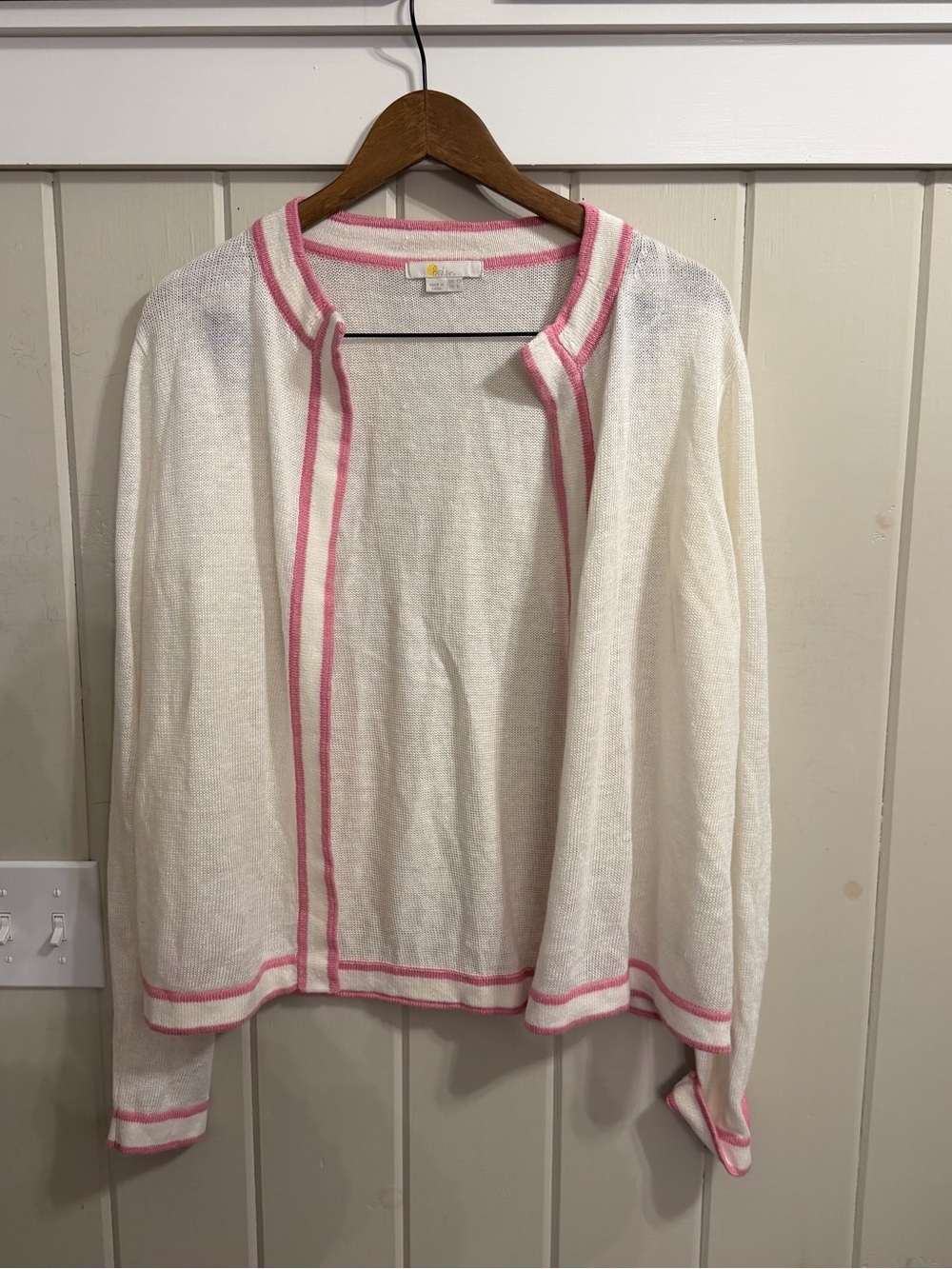 Boden White Open-Front Cardigan with Pink Trim, Size 8/M, EUC
